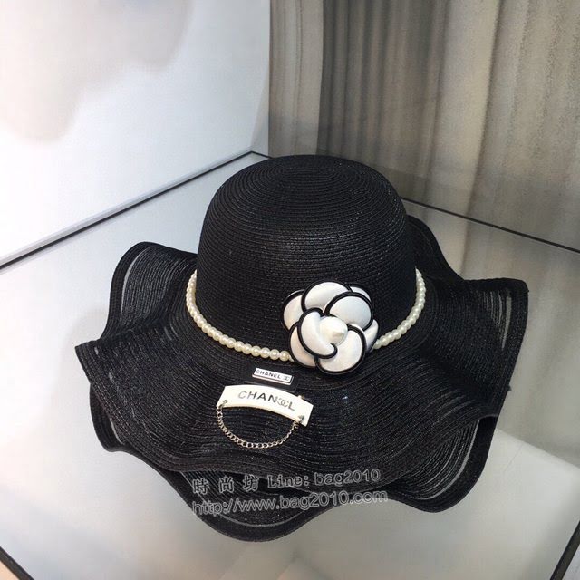 Chanel爆款女士帽子 香奈兒山茶花波浪大帽沿草帽遮陽帽  mm1509
